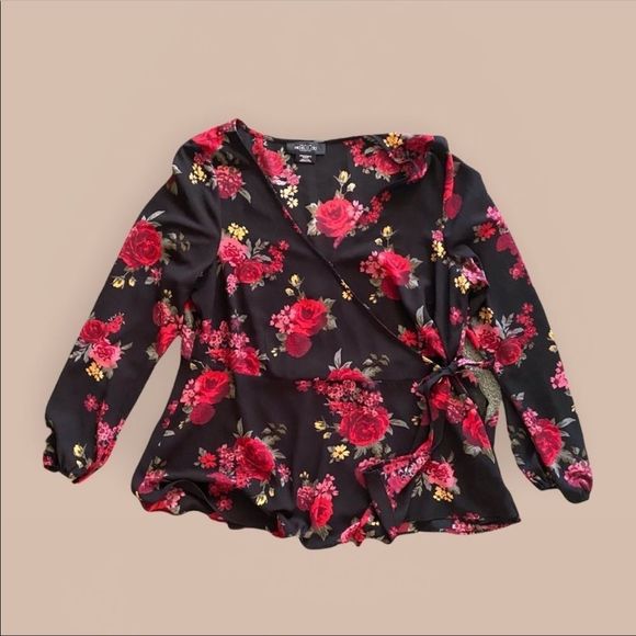 MICHEL STUDIO | Black and Red Floral Blouse - Picture 1 of 2